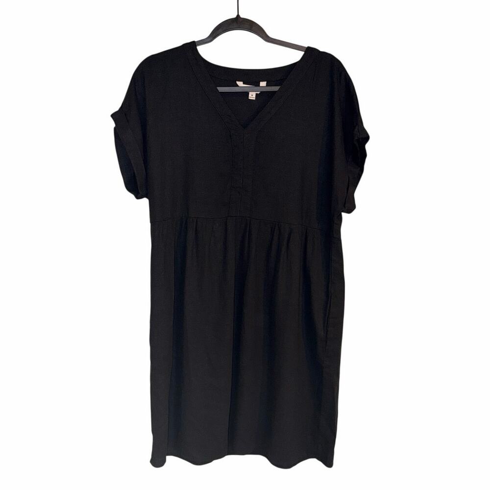 Briggs Women’s Medium Black Linen Blend V-Neck Babydoll Shift Dress Pockets